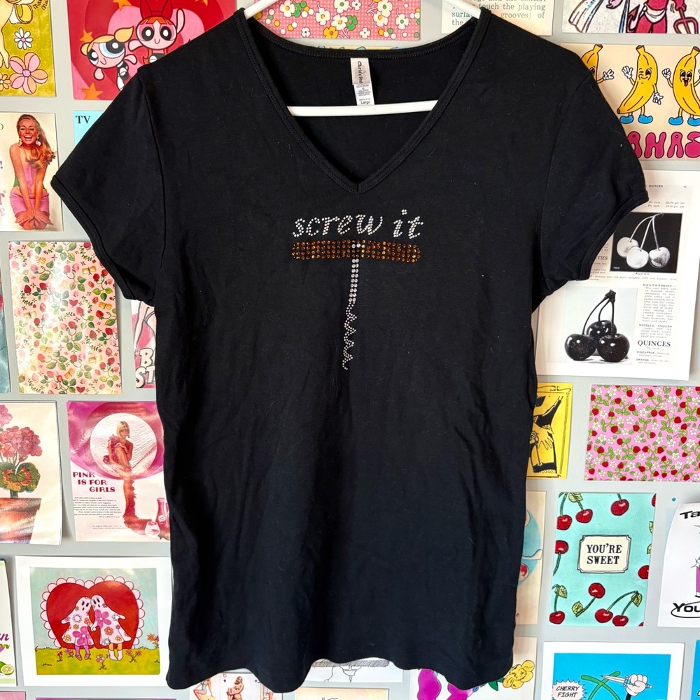 VINTAGE Y2K Bedazzled Rhinestone Funny Screw It T-Shirt